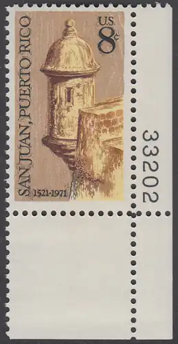 USA Michel 1049 / Scott 1437 postfrisch EINZELMARKE ECKRAND unten rechts m/ Platten-# 33202 - 450 Jahre San Juan, Puerto Rico; Wachturm der El-Morro-Festung