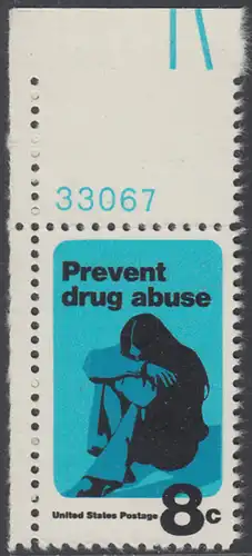 USA Michel 1050 / Scott 1438 postfrisch EINZELMARKE ECKRAND oben links m/ Platten-# 33067 - Bekämpfung des Drogenmissbrauchs; Drogensüchtige