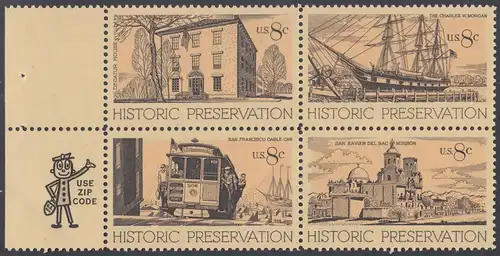 USA Michel 1052-1055 / Scott 1440-1443 postfrisch ZIP-BLOCK (ll) - Erhaltung historischer Bauten und Einrichtungen