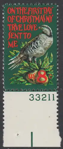 USA Michel 1056 / Scott 1445 postfrisch EINZELMARKE RAND unten m/ Platten-# 33211 - Weihnachten: Das Rebhuhn auf dem Birnbaum, altenglische Ballade