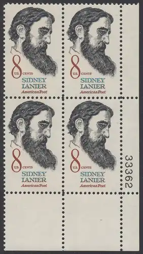 USA Michel 1058 / Scott 1446 postfrisch PLATEBLOCK ECKRAND unten rechts m/ Platten-# 33362 - Sidney Lanier, Schriftsteller, Musiker und Kritiker
