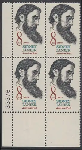 USA Michel 1058 / Scott 1446 postfrisch PLATEBLOCK ECKRAND unten links m/ Platten-# 33376 - Sidney Lanier, Schriftsteller, Musiker und Kritiker