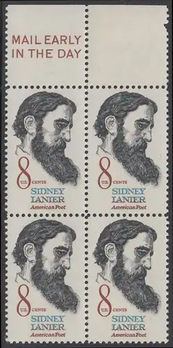 USA Michel 1058 / Scott 1446 postfrisch BLOCK RÄNDER oben m/ Mail Early-Emblem - Sidney Lanier, Schriftsteller, Musiker und Kritiker
