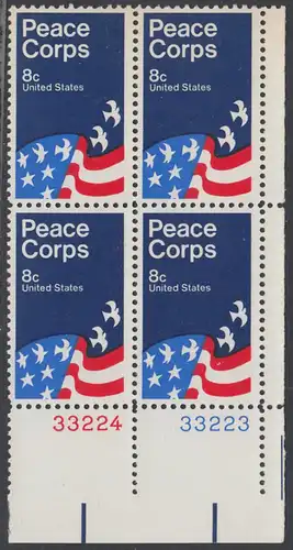 USA Michel 1059 / Scott 1447 postfrisch BLOCK ECKRAND unten rechts m/ Platten-# 33223 - Friedenskorps; Werbeplakat