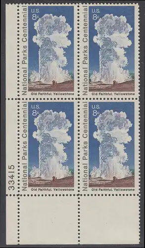 USA Michel 1060 / Scott 1453 postfrisch PLATEBLOCK ECKRAND unten links m/ Platten-# 33415 - 100 Jahre Nationalparks: Yellowstone-Nationalpark; Old-Faithful-Geysir