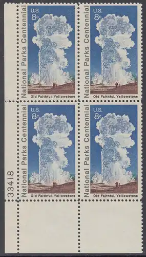 USA Michel 1060 / Scott 1453 postfrisch PLATEBLOCK ECKRAND unten links m/ Platten-# 33418 - 100 Jahre Nationalparks: Yellowstone-Nationalpark; Old-Faithful-Geysir