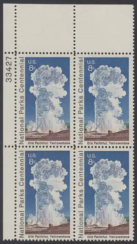 USA Michel 1060 / Scott 1453 postfrisch PLATEBLOCK ECKRAND oben links m/ Platten-# 33427 - 100 Jahre Nationalparks: Yellowstone-Nationalpark; Old-Faithful-Geysir