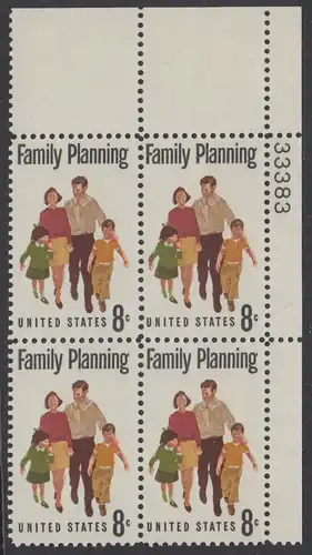 USA Michel 1061 / Scott 1455 postfrisch PLATEBLOCK ECKRAND oben rechts m/ Platten-# 33383 - Familienplanung