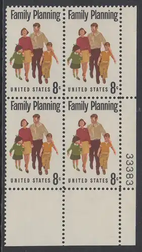 USA Michel 1061 / Scott 1455 postfrisch PLATEBLOCK ECKRAND unten rechts m/ Platten-# 33383 - Familienplanung