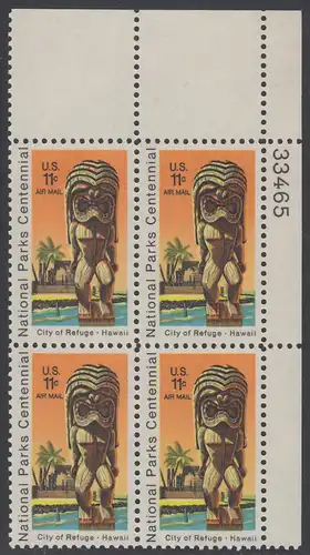 USA Michel 1067 / Scott C084 postfrisch Luftpost-PLATEBLOCK ECKRAND oben rechts m/ Platten-# 33465 - 100 Jahre Nationalparks: City of Refuge, HI; Holzstatue eines Ki’i Gottes, Hawaii