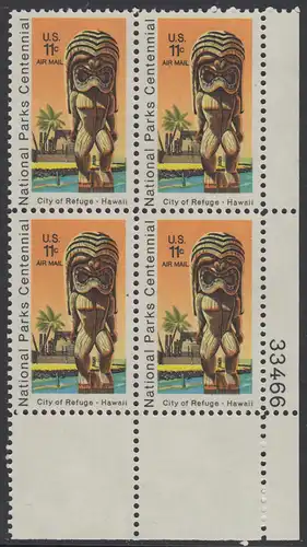 USA Michel 1067 / Scott C084 postfrisch Luftpost-PLATEBLOCK ECKRAND unten rechts m/ Platten-# 33459 - 100 Jahre Nationalparks: City of Refuge, HI; Holzstatue eines Ki’i Gottes, Hawaii