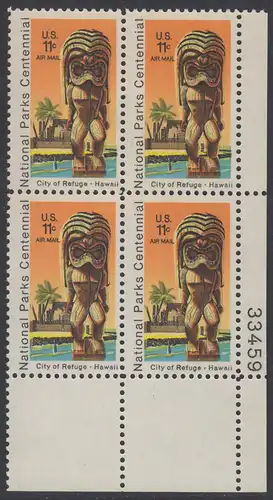 USA Michel 1067 / Scott C084 postfrisch Luftpost-PLATEBLOCK ECKRAND unten rechts m/ Platten-# 33466 - 100 Jahre Nationalparks: City of Refuge, HI; Holzstatue eines Ki’i Gottes, Hawaii