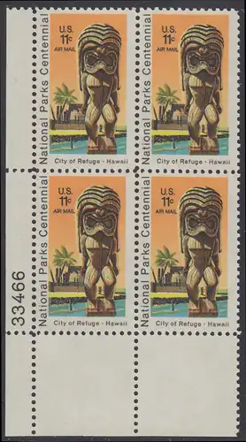 USA Michel 1067 / Scott C084 postfrisch Luftpost-PLATEBLOCK ECKRAND unten links m/ Platten-# 33466 - 100 Jahre Nationalparks: City of Refuge, HI; Holzstatue eines Ki’i Gottes, Hawaii