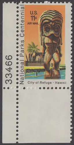 USA Michel 1067 / Scott C084 postfrisch Luftpost-EINZELMARKE ECKRAND unten links m/ Platten-# 33466 - 100 Jahre Nationalparks: City of Refuge, HI; Holzstatue eines Ki’i Gottes, Hawaii