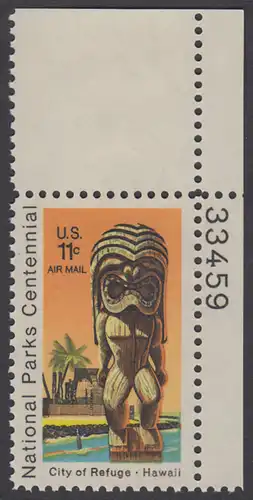 USA Michel 1067 / Scott C084 postfrisch Luftpost-EINZELMARKE ECKRAND oben rechts m/ Platten-# 33459 - 100 Jahre Nationalparks: City of Refuge, HI; Holzstatue eines Ki’i Gottes, Hawaii