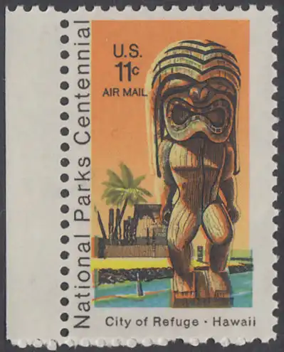 USA Michel 1067 / Scott C084 postfrisch Luftpost-EINZELMARKE RAND links - 100 Jahre Nationalparks: City of Refuge, HI; Holzstatue eines Ki’i Gottes, Hawaii