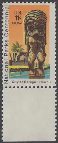 USA Michel 1067 / Scott C084 postfrisch Luftpost-EINZELMARKE RAND unten - 100 Jahre Nationalparks: City of Refuge, HI; Holzstatue eines Ki’i Gottes, Hawaii