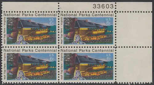USA Michel 1068 / Scott 1452 postfrisch PLATEBLOCK ECKRAND oben rechts m/ Platten-# 33603 - 100 Jahre Nationalparks: Wolf Trap Farm, VA; Theater im Wolf-Trap-Farm-Nationalpark, Virginia