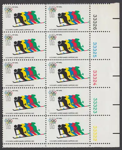 USA Michel 1077 / Scott C085 postfrisch vert.PLATEBLOCK(10) ECKRAND unten rechts m/ Platten-Nr. 33322- Olympische Spiele 1972, Sapporo und München, Abfahrtslauf