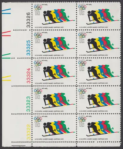 USA Michel 1077 / Scott C085 postfrisch vert.PLATEBLOCK(10) ECKRAND unten links m/ Platten-Nr. 33322- Olympische Spiele 1972, Sapporo und München, Abfahrtslauf