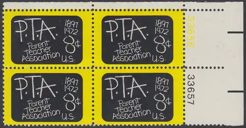 USA Michel 1078 / Scott 1463 postfrisch PLATEBLOCK ECKRAND oben rechts m/ Platten-# 33656 - 75 Jahre Eltern-Lehrer-Vereinigung: Schultafel