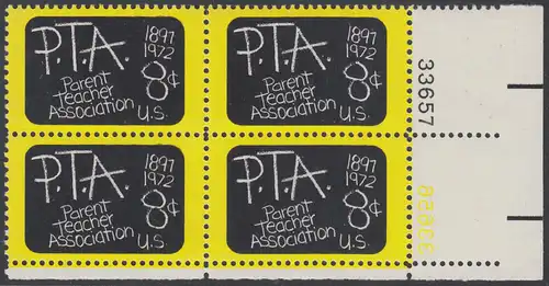 USA Michel 1078 / Scott 1463 postfrisch PLATEBLOCK ECKRAND unten rechts m/ Platten-# 33656 (c) - 75 Jahre Eltern-Lehrer-Vereinigung: Schultafel