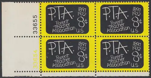 USA Michel 1078 / Scott 1463 postfrisch PLATEBLOCK ECKRAND unten links m/ Platten-# 33654 - 75 Jahre Eltern-Lehrer-Vereinigung: Schultafel