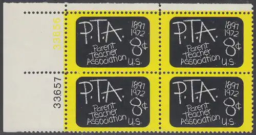 USA Michel 1078 / Scott 1463 postfrisch PLATEBLOCK ECKRAND oben links m/ Platten-# 33656 (a) - 75 Jahre Eltern-Lehrer-Vereinigung: Schultafel