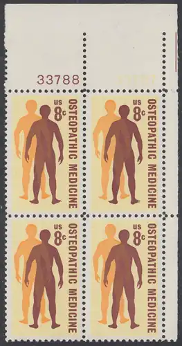 USA Michel 1084 / Scott 1469 postfrisch BLOCK ECKRAND oben rechts m/ Platten-# 33787 - 75 Jahre Amerikanische Osteologen-Vereinigung; Silhouetten menschlicher Gestalten