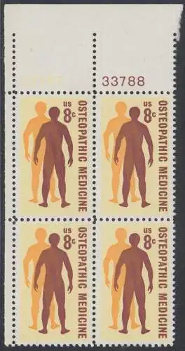 USA Michel 1084 / Scott 1469 postfrisch BLOCK ECKRAND oben links m/ Platten-# 33788 - 75 Jahre Amerikanische Osteologen-Vereinigung; Silhouetten menschlicher Gestalten
