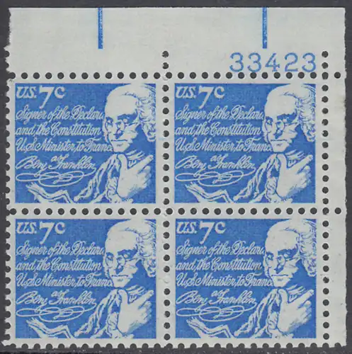 USA Michel 1086 / Scott 1393D postfrisch PLATEBLOCK ECKRAND oben rechts m/ Platten-# 33423 - Berühmte Amerikaner: Benjamin Franklin, Staatsmann und Schriftsteller 