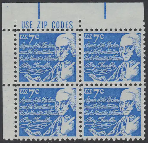 USA Michel 1086 / Scott 1393D postfrisch ZIP-BLOCK (ul) - Berühmte Amerikaner: Benjamin Franklin, Staatsmann und Schriftsteller 