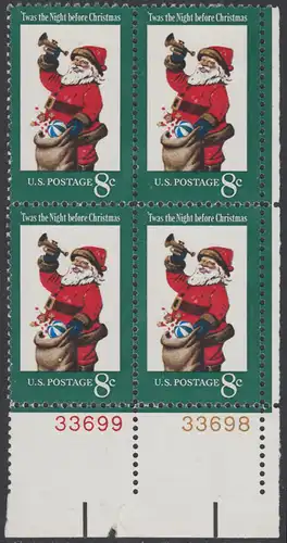 USA Michel 1087 / Scott 1472 postfrisch BLOCK ECKRAND unten rechts m/ Platten-# 33698 - Weihnachten: Santa Claus  