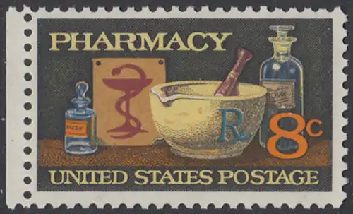 USA Michel 1089 / Scott 1473 postfrisch EINZELMARKE RAND links - 120 Jahre Amerikanische Pharmazeutische Vereinigung; Mörser, Medizinflaschen, Hygeiabild  