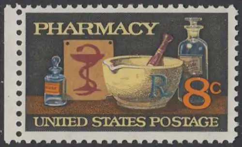 USA Michel 1089 / Scott 1473 postfrisch EINZELMARKE RAND links (a1) - 120 Jahre Amerikanische Pharmazeutische Vereinigung; Mörser, Medizinflaschen, Hygeiabild  