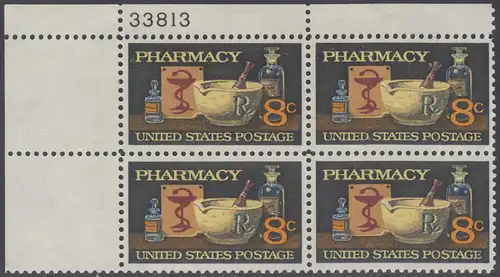 USA Michel 1089 / Scott 1473 postfrisch PLATEBLOCK ECKRAND oben links m/ Platten-# 33813 - 120 Jahre Amerikanische Pharmazeutische Vereinigung; Mörser, Medizinflaschen, Hygeiabild  