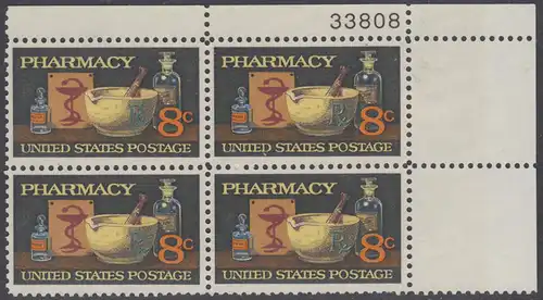 USA Michel 1089 / Scott 1473 postfrisch PLATEBLOCK ECKRAND oben rechts m/ Platten-# 33808 - 120 Jahre Amerikanische Pharmazeutische Vereinigung; Mörser, Medizinflaschen, Hygeiabild  