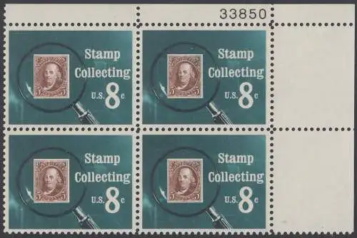 USA Michel 1090 / Scott 1474 postfrisch PLATEBLOCK ECKRAND oben rechts m/ Platten-# 33850 - Briefmarkensammeln; USA MiNr. 1 unter der Lupe