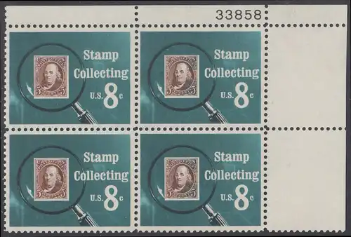 USA Michel 1090 / Scott 1474 postfrisch PLATEBLOCK ECKRAND oben rechts m/ Platten-# 33858 - Briefmarkensammeln; USA MiNr. 1 unter der Lupe