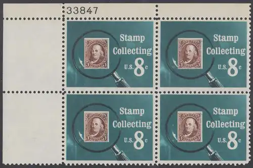 USA Michel 1090 / Scott 1474 postfrisch PLATEBLOCK ECKRAND oben links m/ Platten-# 33847 (a) - Briefmarkensammeln; USA MiNr. 1 unter der Lupe