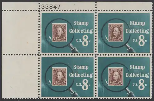 USA Michel 1090 / Scott 1474 postfrisch PLATEBLOCK ECKRAND oben links m/ Platten-# 33847 (b) - Briefmarkensammeln; USA MiNr. 1 unter der Lupe
