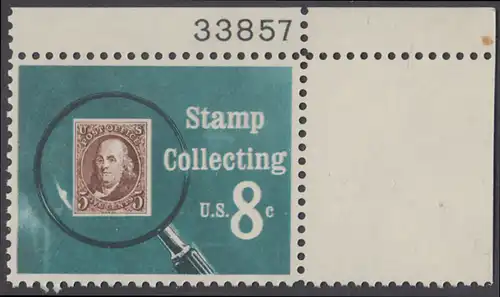 USA Michel 1090 / Scott 1474 postfrisch EINZELMARKE ECKRAND oben rechts m/ Platten-# 33857 - Briefmarkensammeln; USA MiNr. 1 unter der Lupe