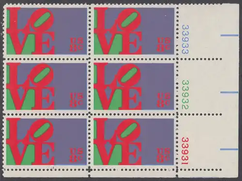 USA Michel 1091 / Scott 1475 postfrisch vert.PLATEBLOCK(6) ECKRAND unten rechts m/ Platten-# 33931 - Grußmarke \\\"LOVE\\\"