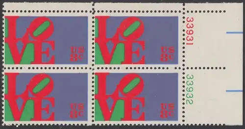 USA Michel 1091 / Scott 1475 postfrisch BLOCK ECKRAND oben rechts m/ Platten-# 33931 - Grußmarke \"LOVE\"