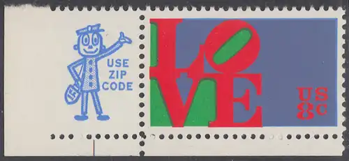 USA Michel 1091 / Scott 1475 postfrisch EINZELMARKE ECKRAND unten links m/ ZIP-Emblem - Grußmarke \\\"LOVE\\\"