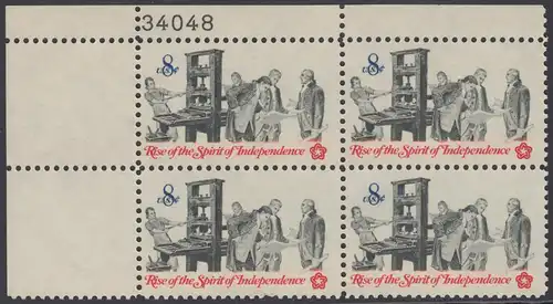 USA Michel 1092 / Scott 1476 postfrisch PLATEBLOCK ECKRAND oben links m/ Platten-# 34048 - 200 Jahre Unabhängigkeit der Vereinigten Staaten von Amerika (1976): Nachrichtenwesen zur Kolonialzeit; Patrioten an der Handpresse, Begutachtung der Flugschriften