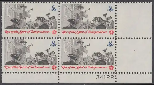 USA Michel 1094 / Scott 1477 postfrisch PLATEBLOCK ECKRAND unten rechts m/ Platten-# 34122 - 200 Jahre Unabhängigkeit der Vereinigten Staaten von Amerika (1976): Nachrichtenwesen zur Kolonialzeit; Anschlagen eines Flugblattes