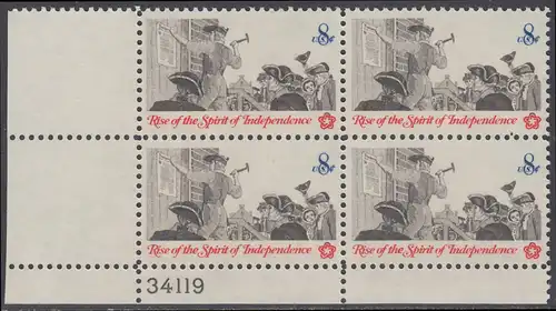 USA Michel 1094 / Scott 1477 postfrisch PLATEBLOCK ECKRAND unten links m/ Platten-# 34119 - 200 Jahre Unabhängigkeit der Vereinigten Staaten von Amerika (1976): Nachrichtenwesen zur Kolonialzeit; Anschlagen eines Flugblattes