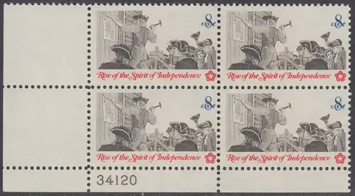 USA Michel 1094 / Scott 1477 postfrisch PLATEBLOCK ECKRAND unten links m/ Platten-# 34120 - 200 Jahre Unabhängigkeit der Vereinigten Staaten von Amerika (1976): Nachrichtenwesen zur Kolonialzeit; Anschlagen eines Flugblattes