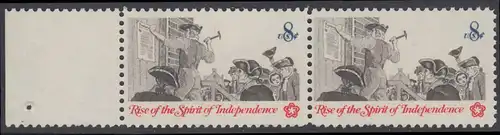 USA Michel 1094 / Scott 1477 postfrisch horiz.PAAR RAND links - 200 Jahre Unabhängigkeit der Vereinigten Staaten von Amerika (1976): Nachrichtenwesen zur Kolonialzeit; Anschlagen eines Flugblattes